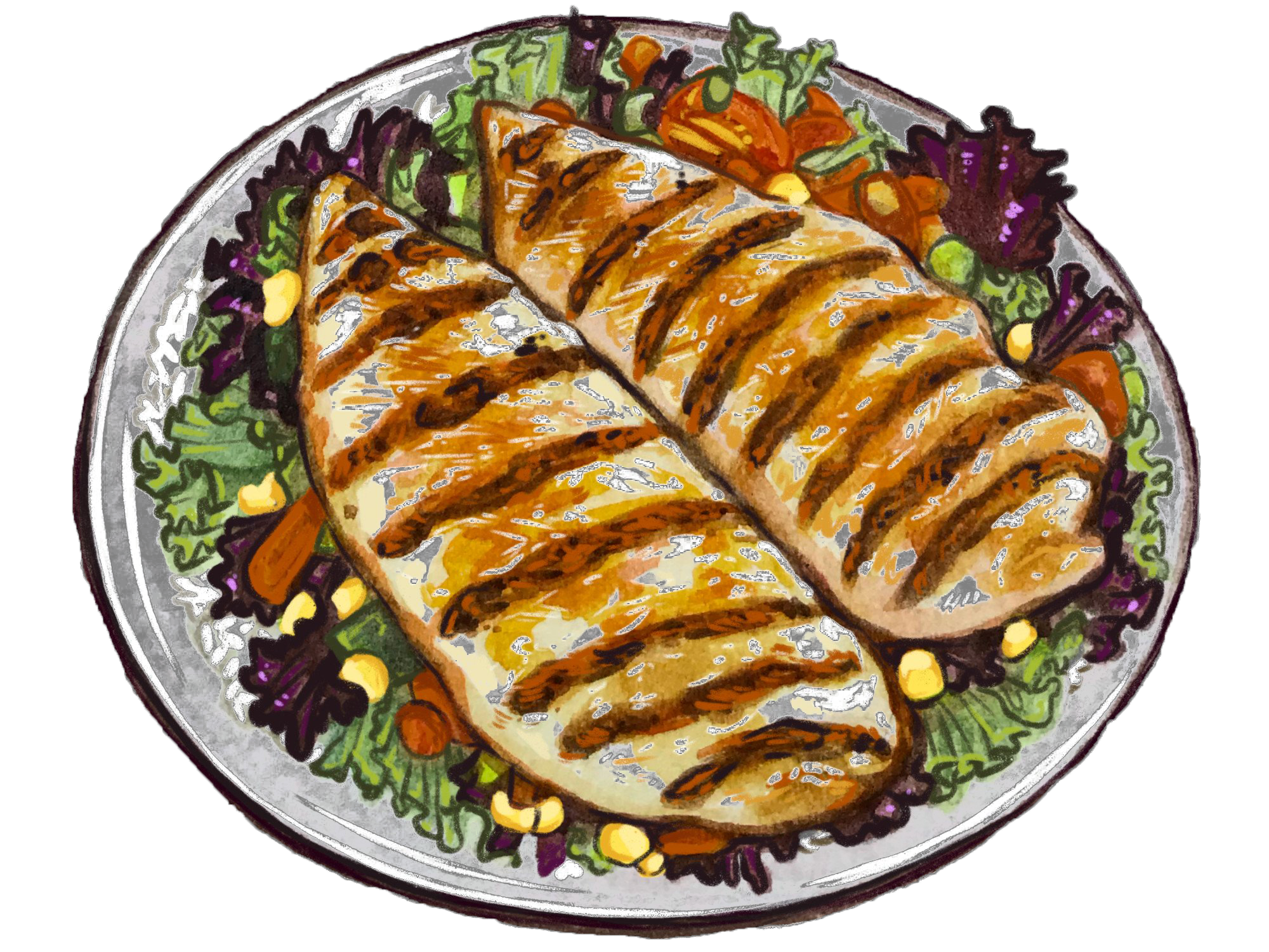 Grilled chicken breasts served on a bed of fresh mixed greens, featuring colorful vegetables like carrots and corn, presented on a round plate.