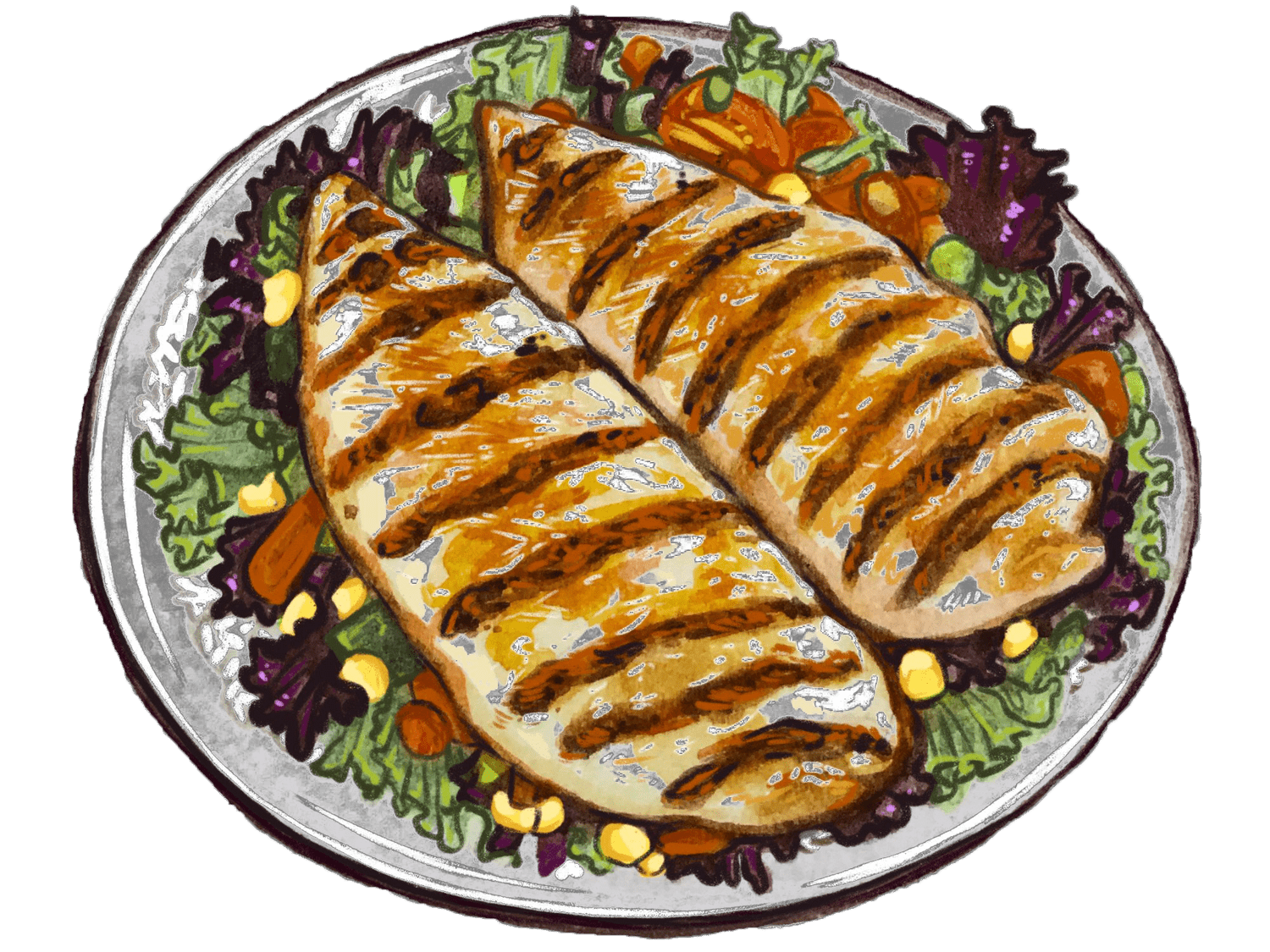 Grilled chicken breasts served on a bed of mixed greens, featuring colorful vegetables like carrots and corn, presented on a round plate.