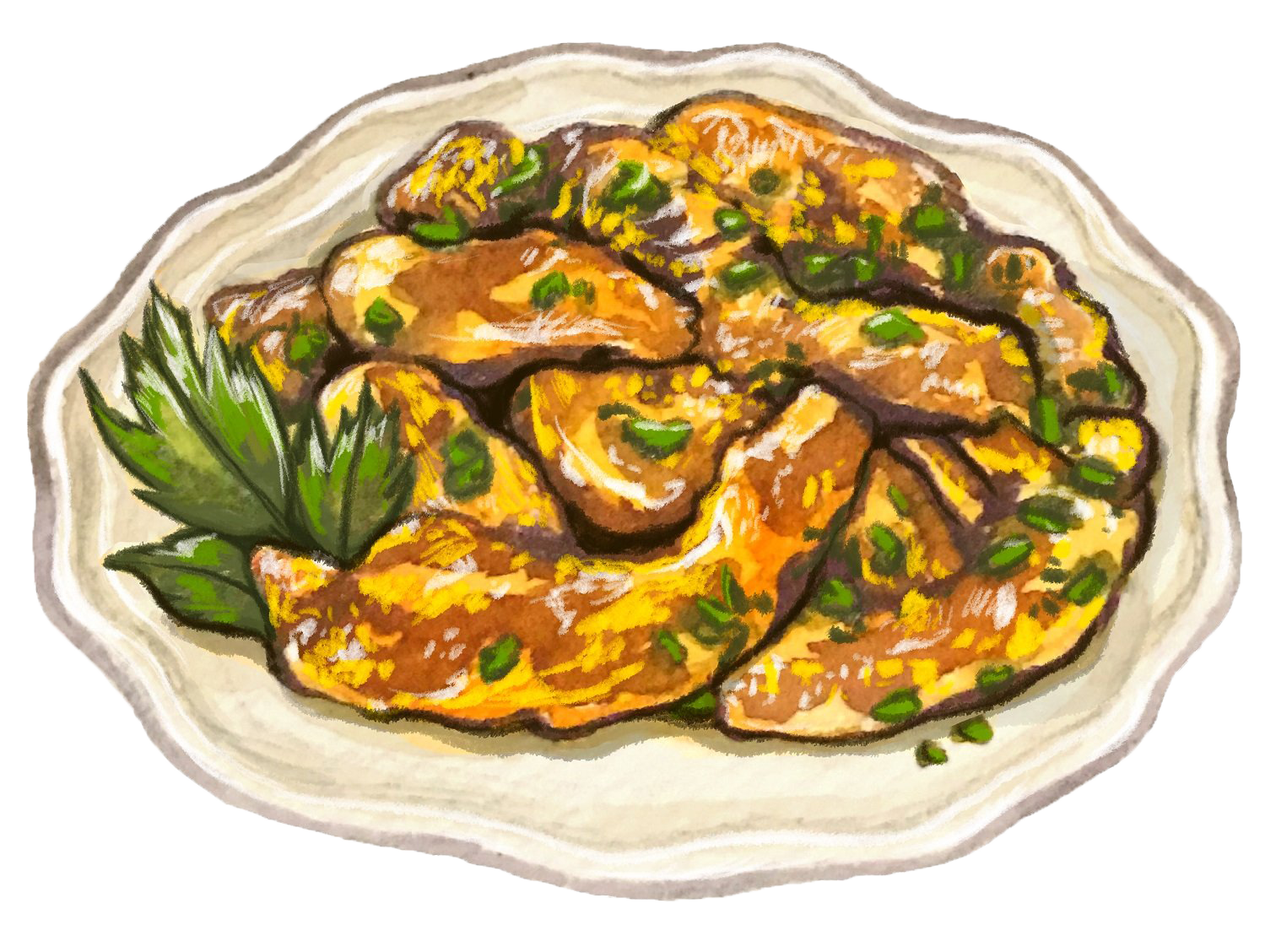 Deliciously cooked chicken pieces garnished with green onions, served on a decorative plate, showcasing a savory glaze for a mouthwatering presentation.