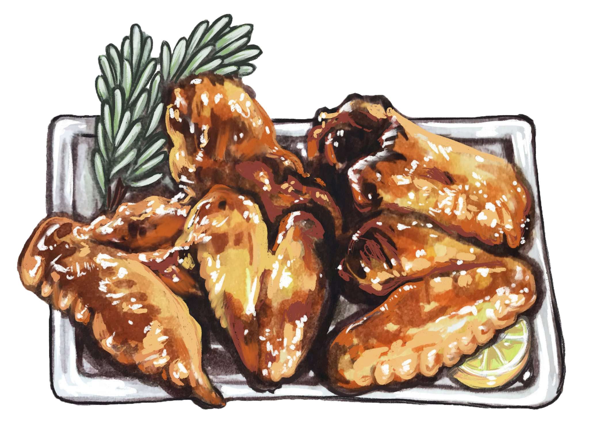 Plate of delicious, golden-brown chicken wings garnished with fresh herbs and a slice of lemon, perfect for appetizers or game day snacks.