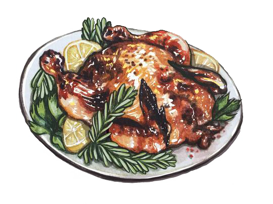 Roasted chicken on a platter garnished with lemon slices and fresh herbs, showcasing a golden-brown skin and juicy texture, ideal for festive meals or family gatherings.
