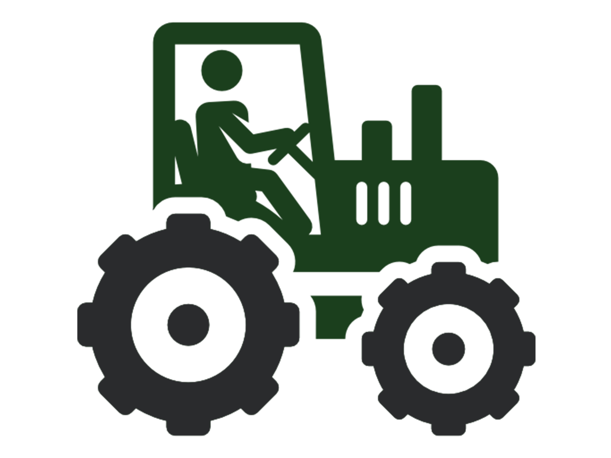 Illustration of a green tractor with large black gears, symbolizing agricultural machinery and farming equipment.